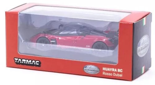 1:64 scale diecast car model in box, red Huayra BC design, clear window