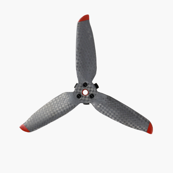 Carbon fiber folding propeller with red tips, three-blade RC drone accessory