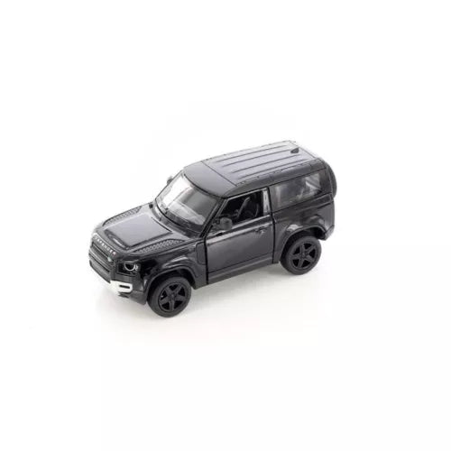 Black Land Rover Defender 90 diecast toy car, front three-quarter view