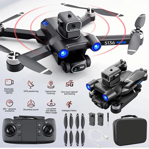 Foldable quadcopter drone with dual cameras and 5G GPS features