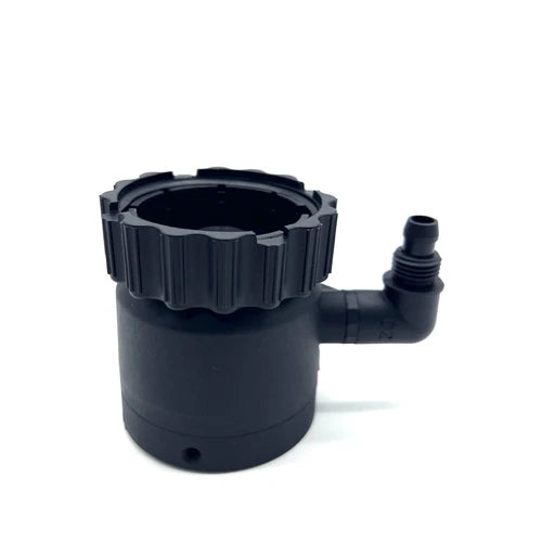 Black plastic impeller pump part with threaded outlet