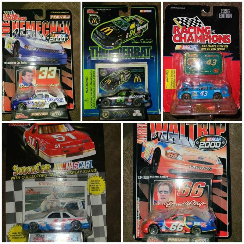 NASCAR diecast car blister packs with race cars in red, green, and blue packaging