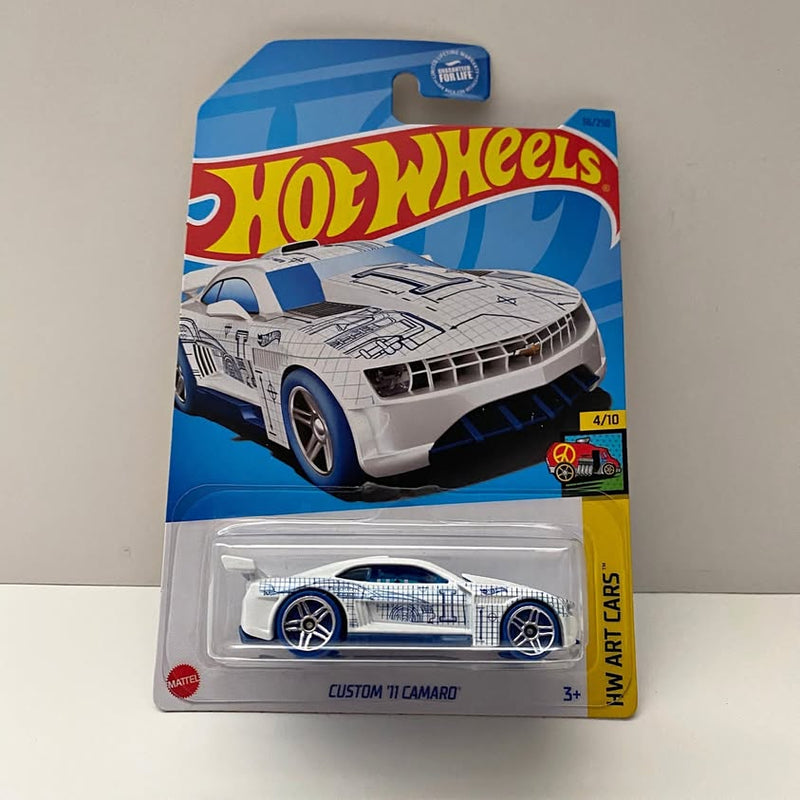 Hot Wheels diecast car, white with blue accents, packaged Custom '71 Camaro