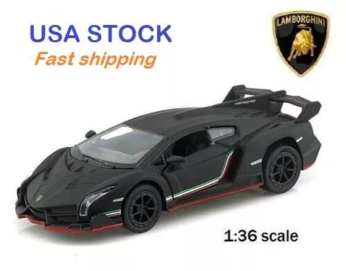 Black Lamborghini Veneno diecast toy car, 1:36 scale, front wheel and spoiler