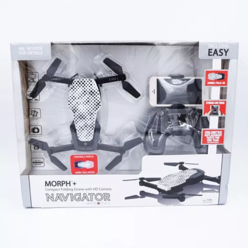 Compact folding drone with HD camera, dark body and propellers, in retail box