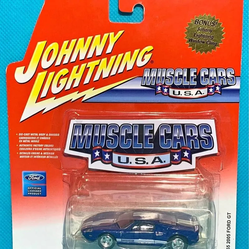 2005 Ford GT diecast model car in clear blister, blue with chrome wheels