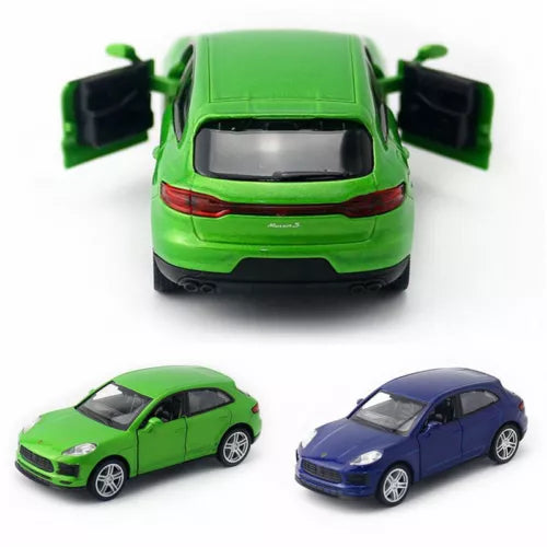 Porsche Macan S diecast toy car, green with open doors, plus blue side view