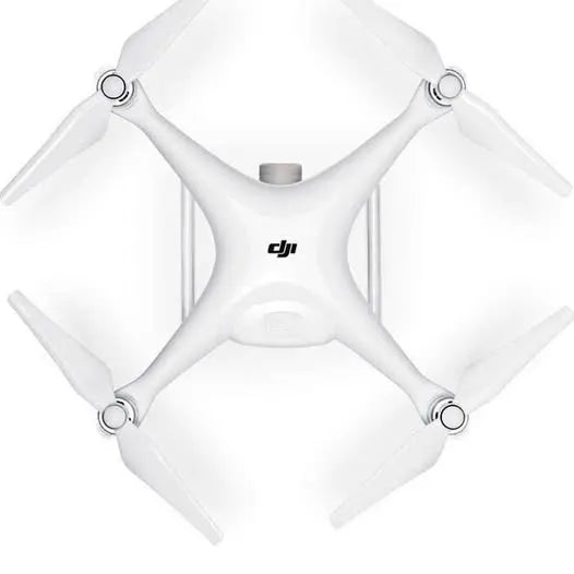 DJI drone quadcopter with four white propellers, top view