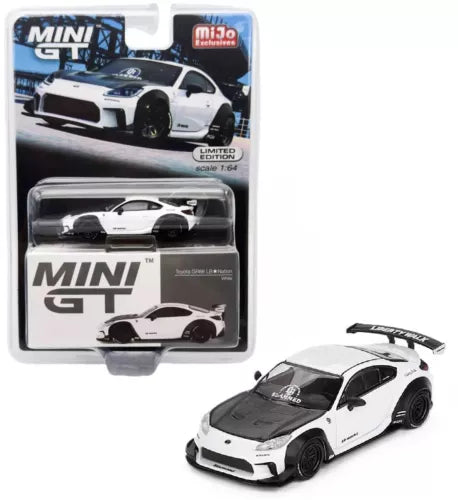 1:64 diecast sports car, white with black hood and front bumper detail.