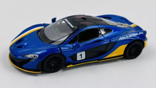 Blue race car diecast toy with yellow stripe and black hood, number 1