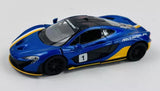 Blue race car diecast toy with yellow stripe and black hood, number 1