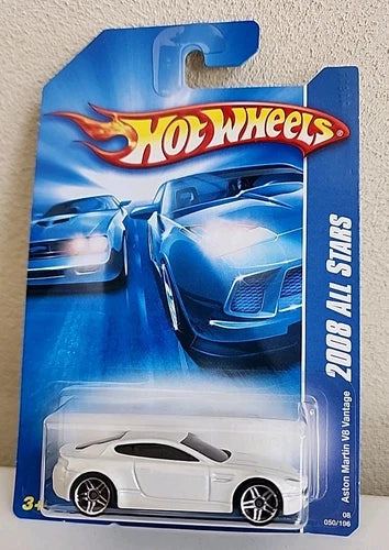 White diecast toy car, Aston Martin V8 Vantage style, Hot Wheels 2008 All Stars