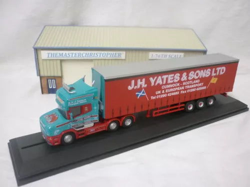 1:76 scale teal and red curtainside truck model with J.H Yates print