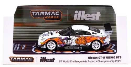 1:64 scale diecast race car with orange, white and black decals in box