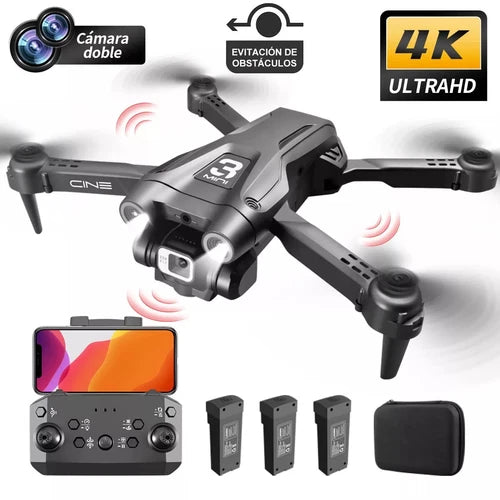 Grey quadcopter drone with 4K camera, remote controller, spare batteries, and carry case