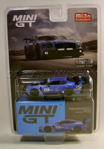 Blue and green race car diecast model in blister packaging, front view