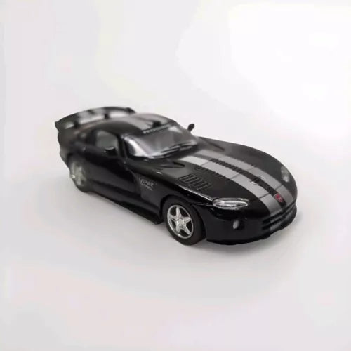 Black diecast model sports car with racing stripes, pull-back toy, 1:36 scale