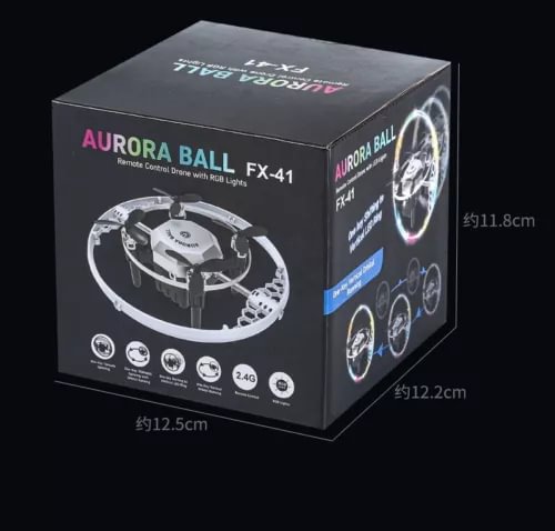 FX-41 Aurora Ball drone in retail box, showing circular lighted drone design