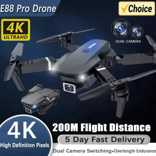 Dual-camera quadcopter drone with foldable arms, gray body
