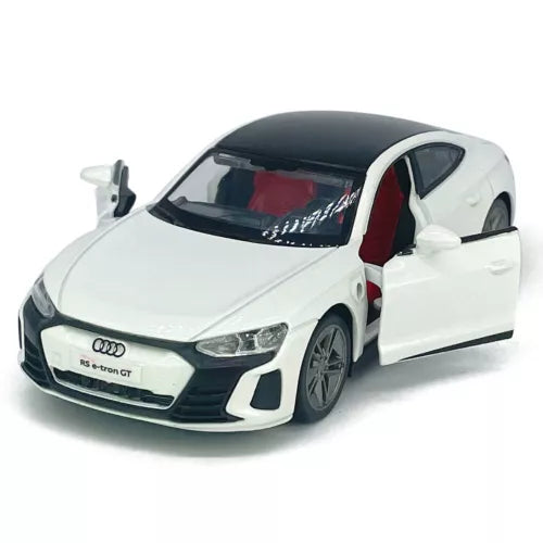 White Audi RS e-tron GT diecast model car with front grille and side door open