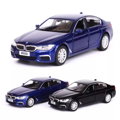 1:36 BMW M550i diecast toy car, dark blue and black, front 3/4 view