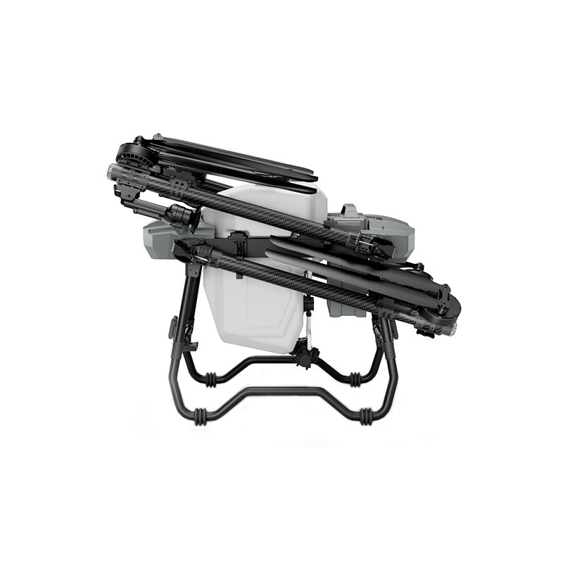 Agricultural spray drone with black nozzle boom and gray body