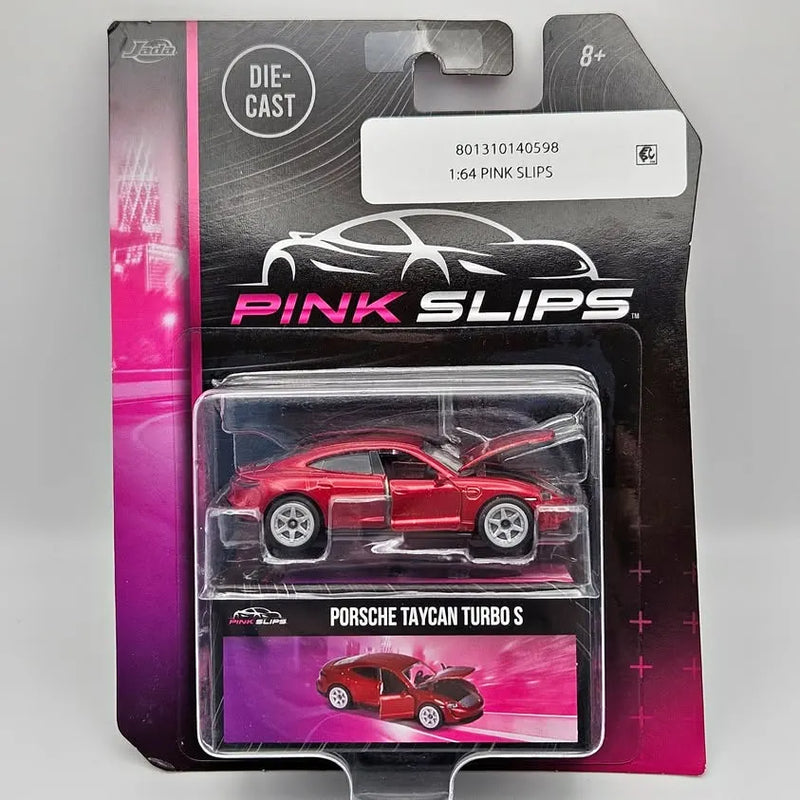 Dark red Porsche Taycan Turbo S 1:64 diecast car in Pink Slips blister pack