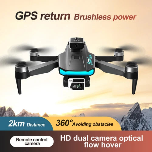 Gray and black quadcopter drone with front camera and four propellers, blue LED accents