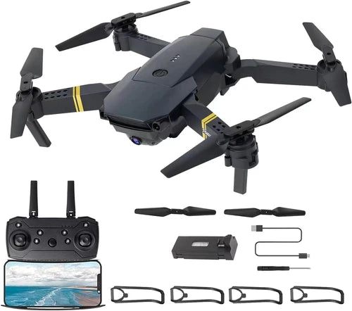 Foldable RC quadcopter drone with camera, shown with remote controller and accessories