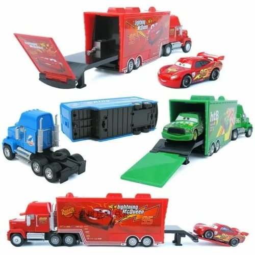 Die-cast toy truck carrier set with Lightning McQueen cars and launch ramps