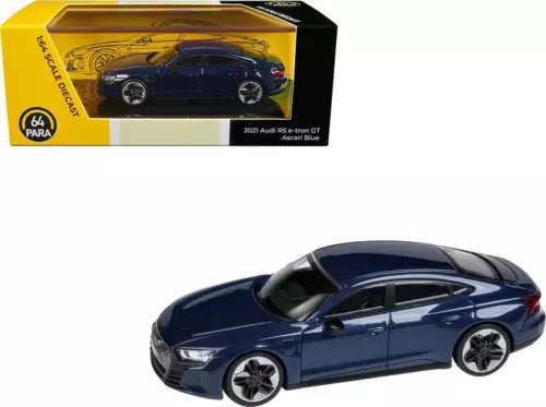 Audi e-tron GT RS Ascari Blue metallic diecast model car, 1/64 scale, front 3/4 view
