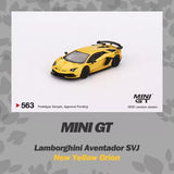 MINI GT 1:64 Lamborghini Aventador SVJ diecast model car, yellow with black accents