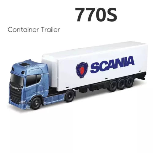 Diecast Scania 770S freight truck with white container trailer, blue cab, trailer wheels