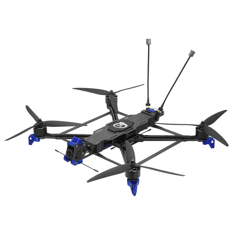 SEQURE SQFPV Flyson10 FPV racing drone, black frame with blue motor covers and propellers