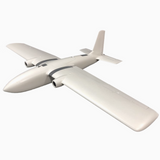 Fixed-wing aerial drone model with propeller nose, white foam wings and tail