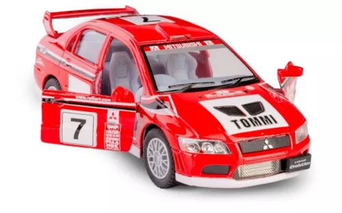 Red diecast race car model with front grille and rally decals, 1:36 scale