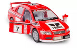 Red diecast race car model with front grille and rally decals, 1:36 scale