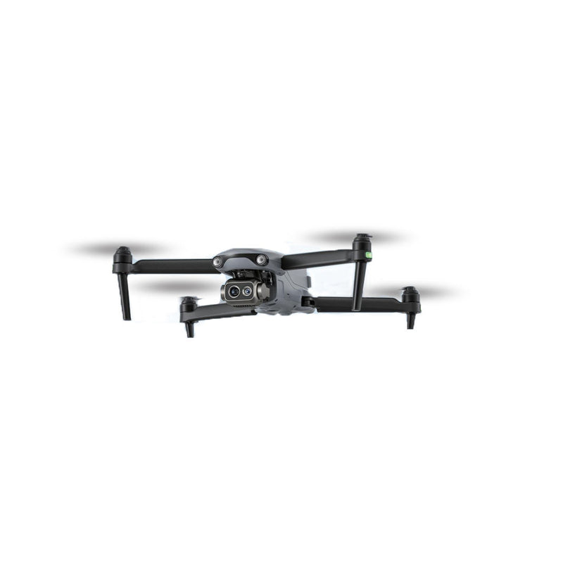 Quadcopter drone with front camera and four propellers, dark gray body