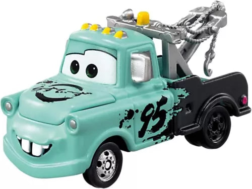 Teal metal diecast tow truck with black decals and yellow roof lights, open rear hook.
