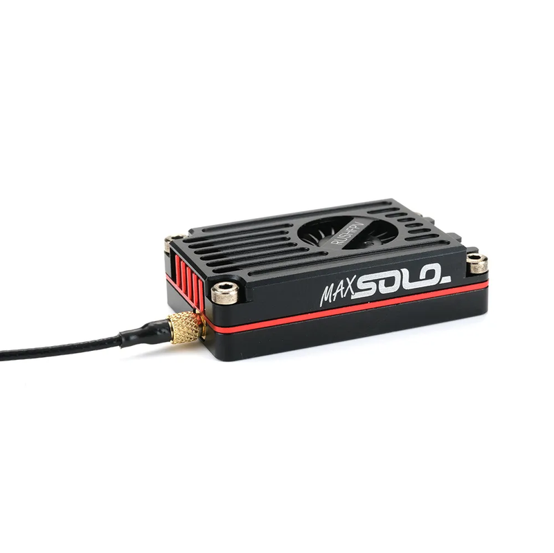 FPV video transmitter with black CNC housing, red stripe, fan grille, antenna connectors