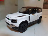 Land Rover Defender diecast SUV model, white with black wheels and grille details.