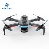 Foldable quadcopter drone with four propellers and front camera module