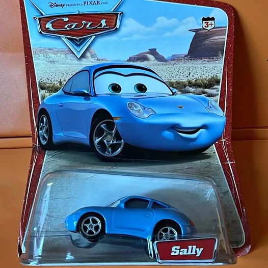 Blue diecast toy car in blister packaging with Sally nameplate