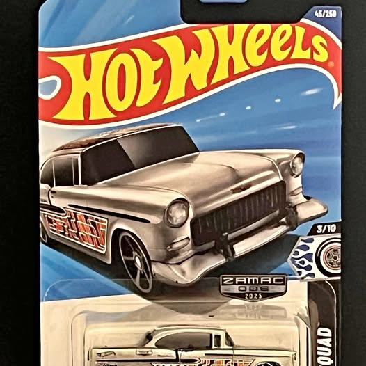 Hot Wheels ZAMAC 1955 Chevy diecast car, silver with black roof, in blister pack