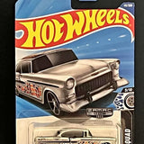 Hot Wheels ZAMAC 1955 Chevy diecast car, silver with black roof, in blister pack