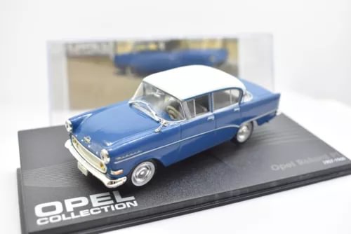 Blue Opel Rekord P1 IXO 1:43 diecast model sedan with openable hood and front lights