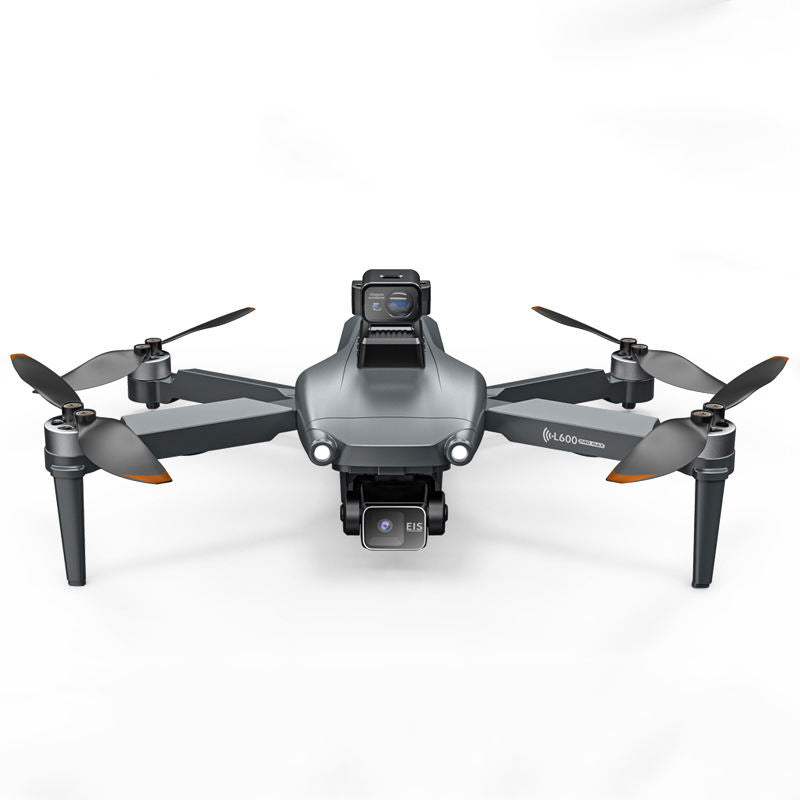 Gray quadcopter drone with 4 propellers and front camera gimbal, compact body