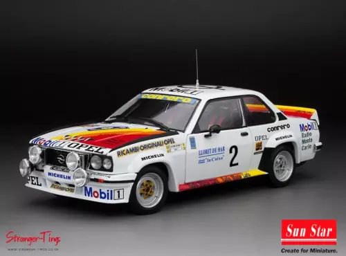 White Opel Ascona rally diecast car, number 2, front three-quarter view with decals