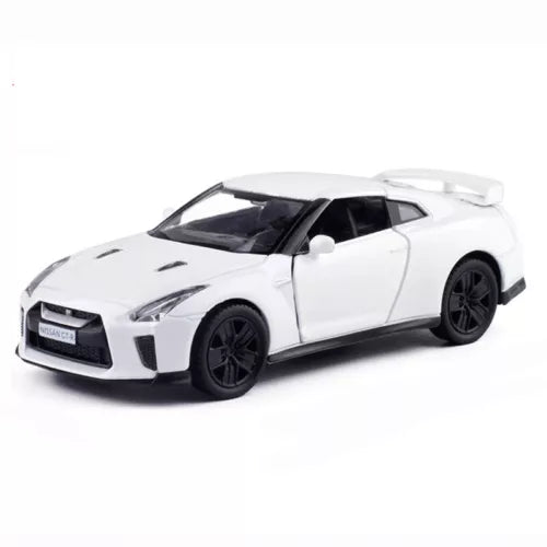 White 1/36 scale Nissan GTR R35 diecast model car, front three-quarter view