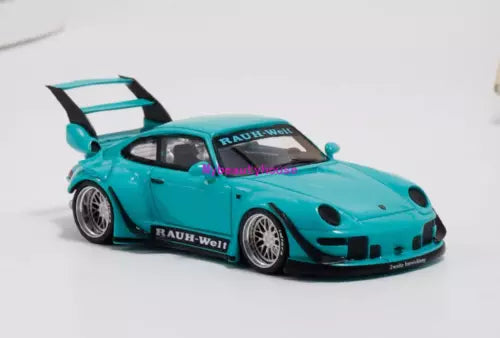 1:64 teal racing sports car toy with black hood, rear wing, and racing decals